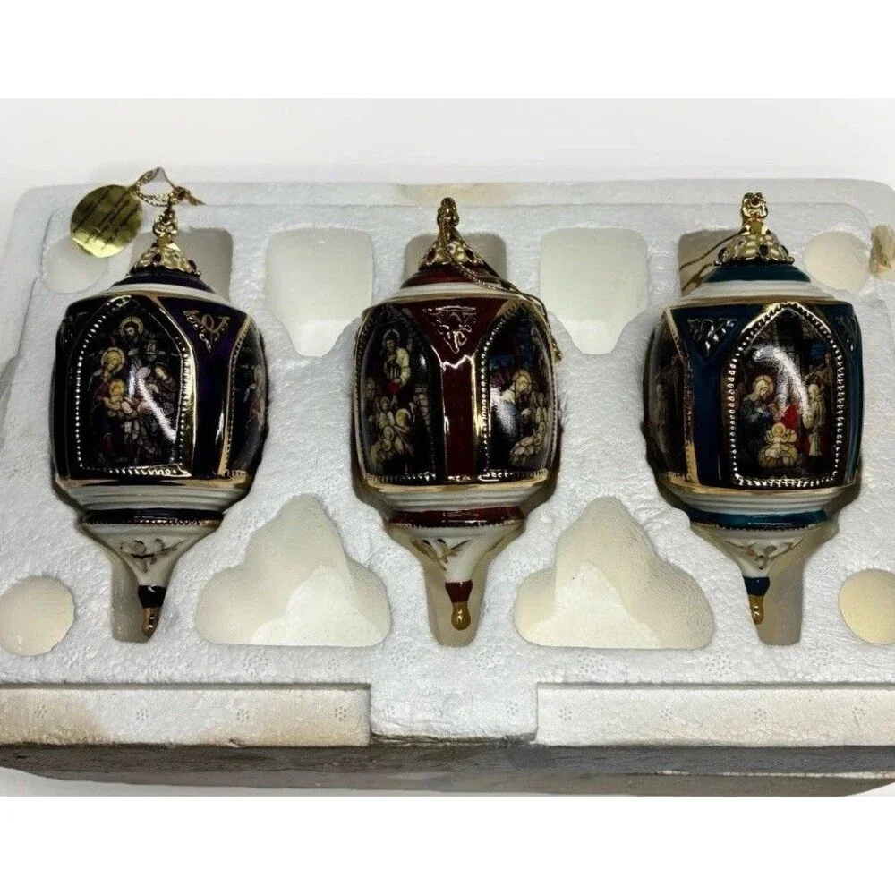 Vtg Bradford 3 Miracles of Light Nativity Peace Love Hope Porcelain Ornaments